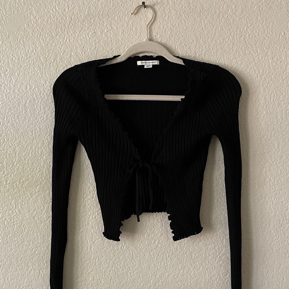 American Eagle Cropped Cardigan Tie Front Ribbed Indie Y2K Black Cami Cover Up